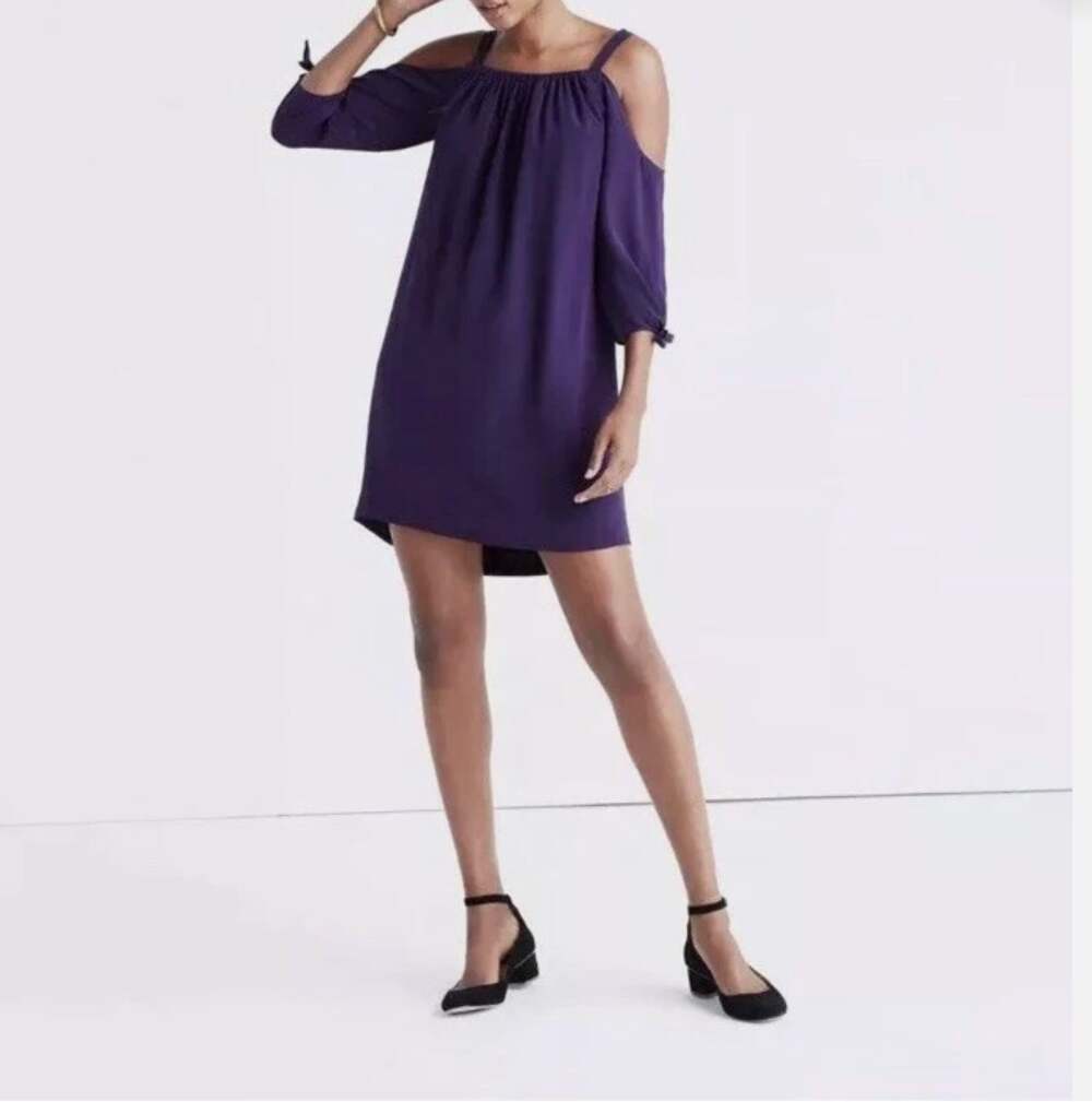 Madewell Womens 100% Silk Purple Cold Shoulder Tie Sleeve Mini Shift Dress 8